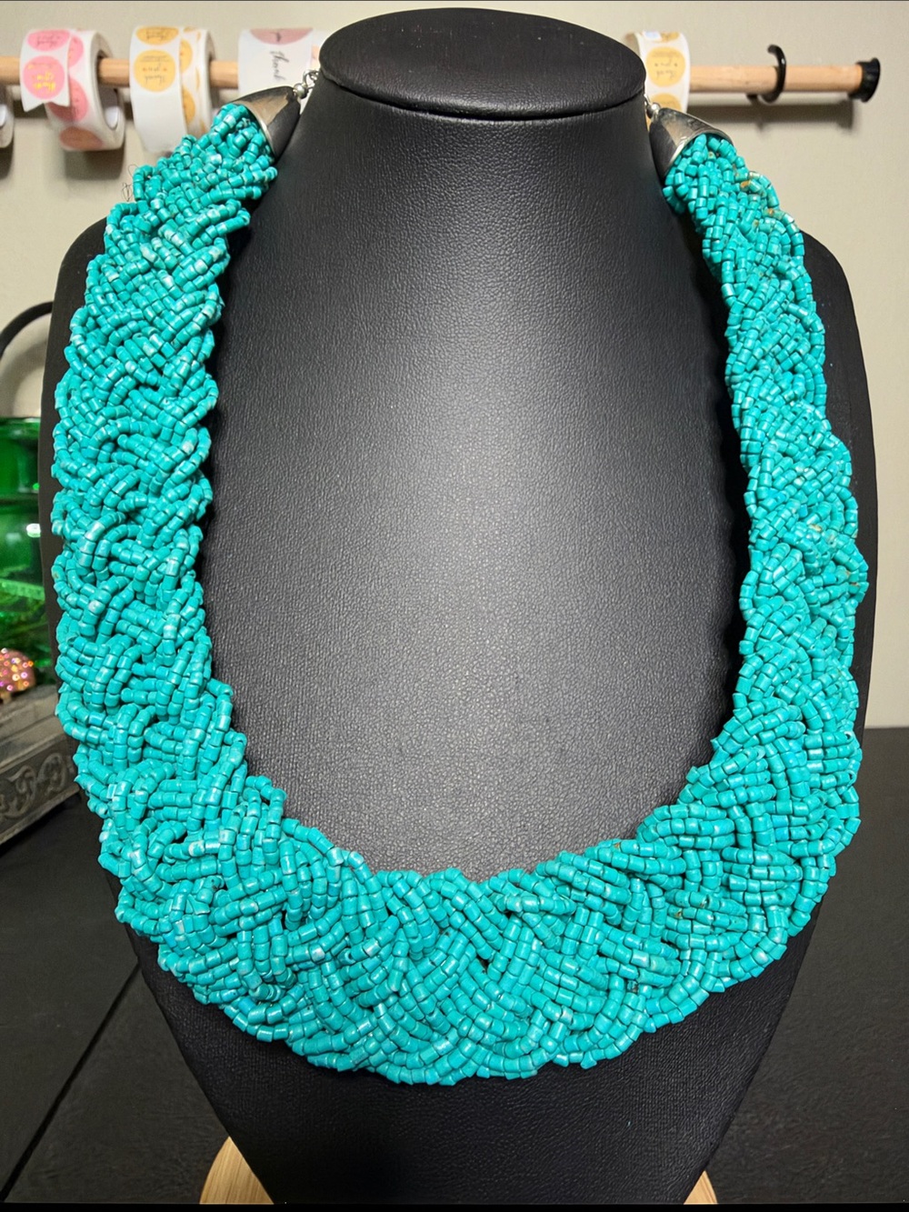 Turquoise Glass Beaded Braided Statement Necklace - Women Jewelry